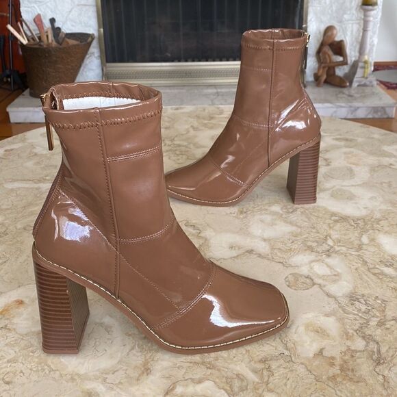 River Island Sleek Patent Square Toe Block Heel Sock Ankle Boots - Picture 5 of 10